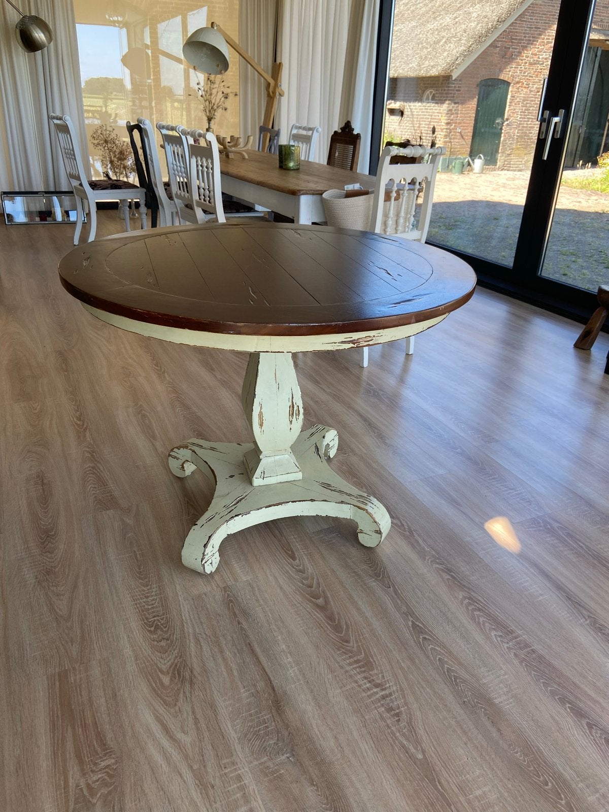 Ronde eettafel eventueel met vier stoelen - landelijke stijl, Ophalen, Gebruikt, 100 tot 150 cm, Rond