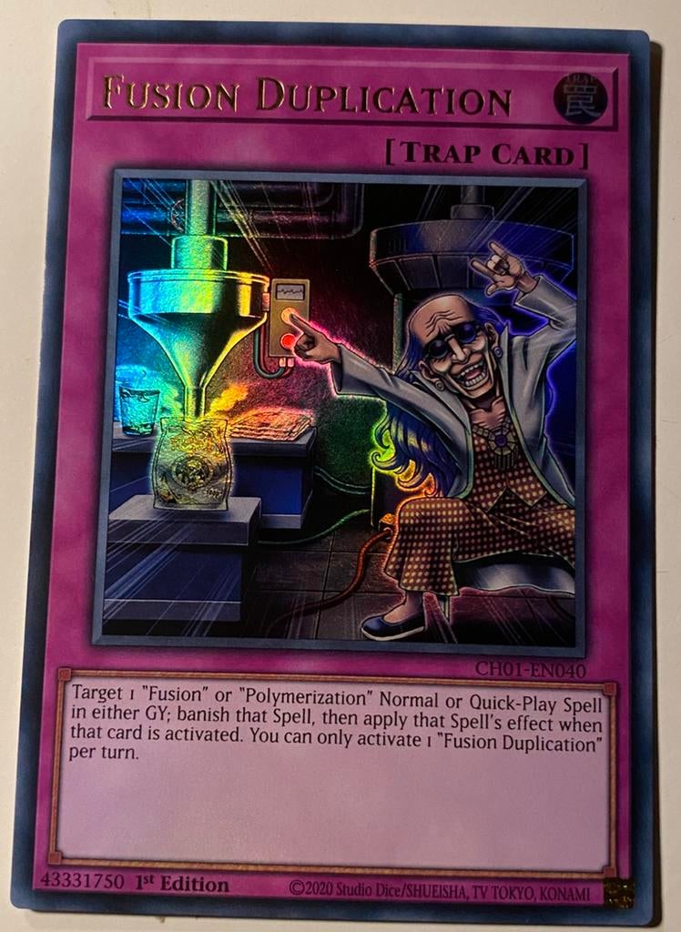 Yu-Gi-Oh! Fusion Duplication CH01 1st Edition !, Ophalen of Verzenden, Zo goed als nieuw, Losse kaart, Foil