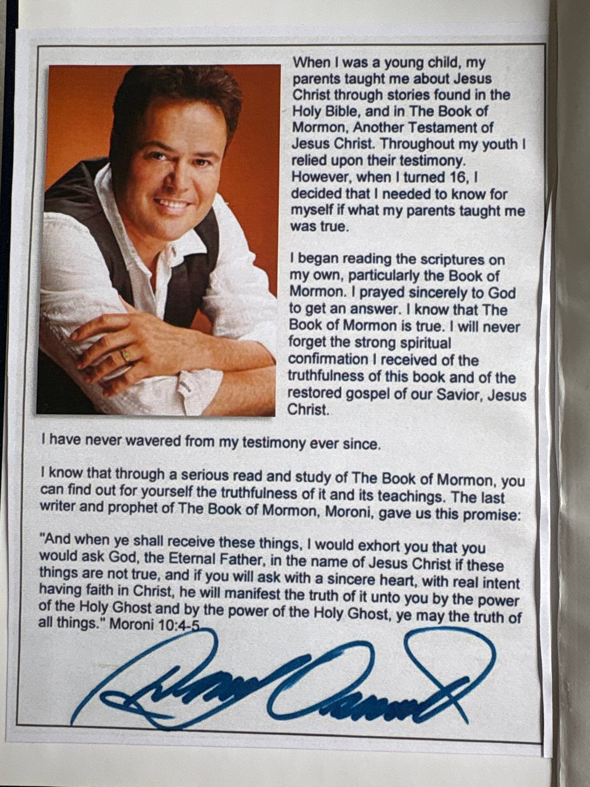 Boek van Mormon met handtekening van Donny Osmond, Ophalen of Verzenden, Zo goed als nieuw, Artiest