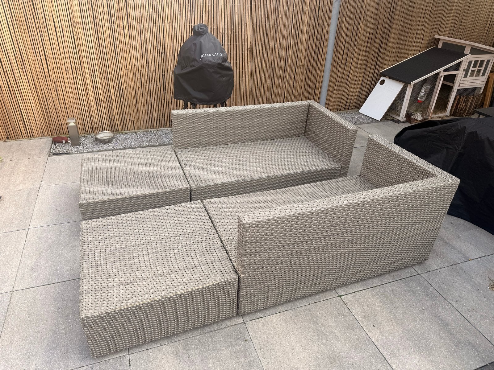 Mooie tuinset met donkerblauwe kussens, Tuin en Terras, 4 zitplaatsen, Gebruikt, Ophalen of Verzenden, Wicker