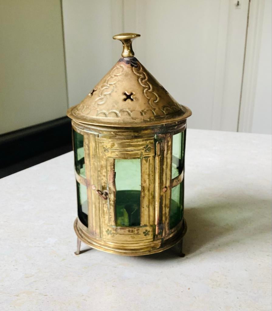 Antiek Koperen Lantaarntje met Lichtgroen Glas (1920-1930), Antiek en Kunst, Ophalen of Verzenden, Koper