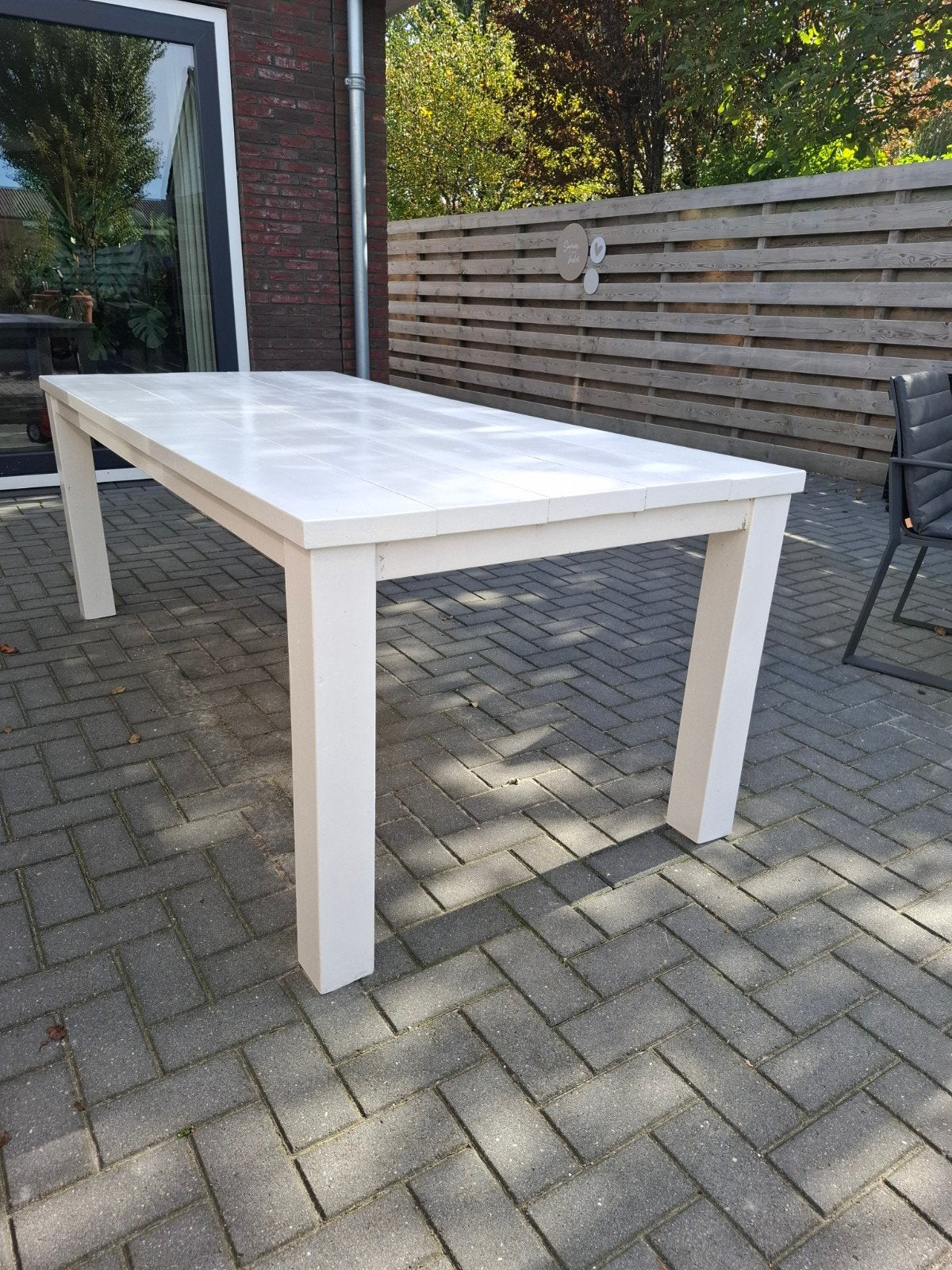 Witte houten tuintafel - Robuust en stijlvol, Tuin en Terras, Ophalen, Gebruikt, Rechthoekig, Hout