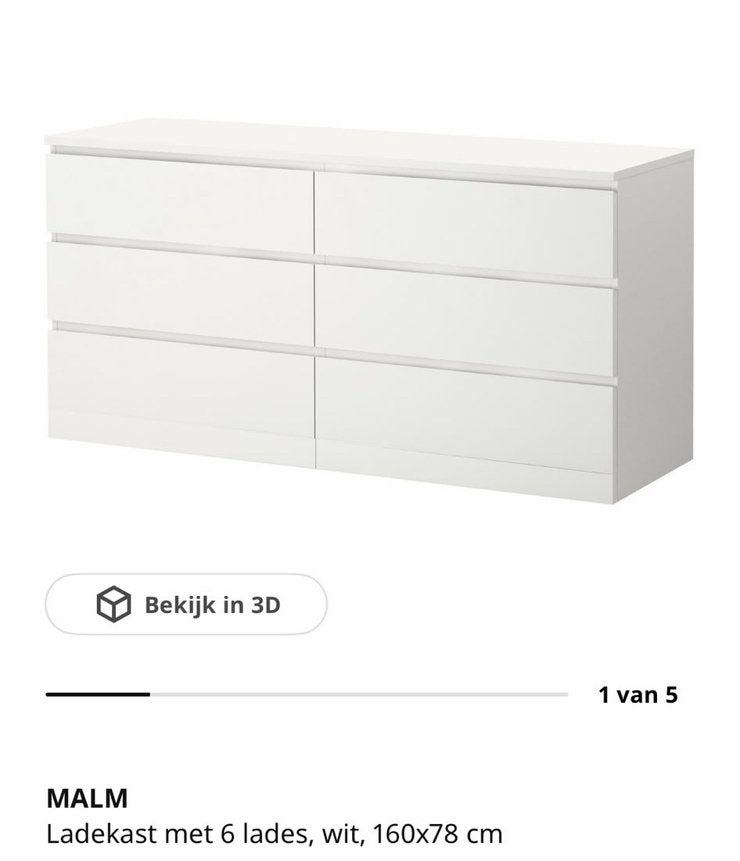 IKEA MALM Ladekast wit, 6 lades, 160x78 cm, Huis en Inrichting, Kasten | Ladekasten, Ophalen, Gebruikt, 5 laden of meer, 150 tot 200 cm