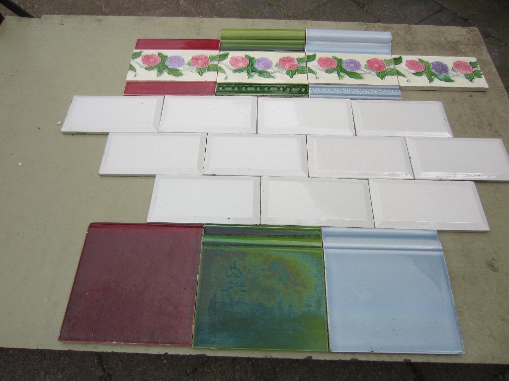 65 art nouveau wandtegels 7,5x15cm, paars en roze bloem, Antiek en Kunst, Ophalen