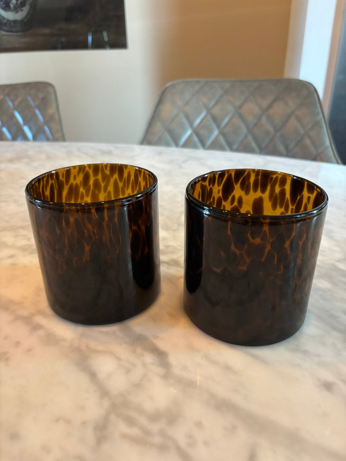 2x Waxinelicht houder panter-print, glas, bruin, 10 cm, Bruin, Waxinelichthouder, Ophalen of Verzenden