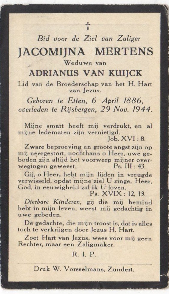 Jacomijna Mertens 1886 Etten + 1944 Rijsbergen, 58 jaar oud, Ophalen of Verzenden
