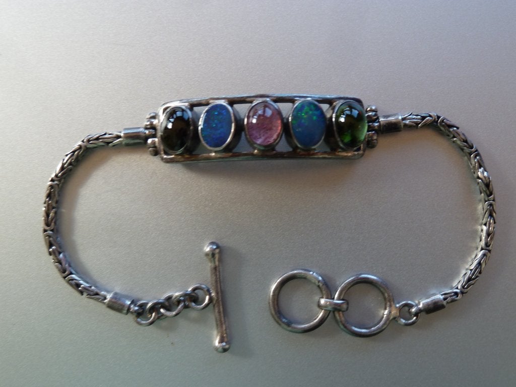 Antieke sterling zilveren armband met toermalijn + opaal, Sieraden, Tassen en Uiterlijk, Antieke sieraden, Verzenden, Zilver, Armband