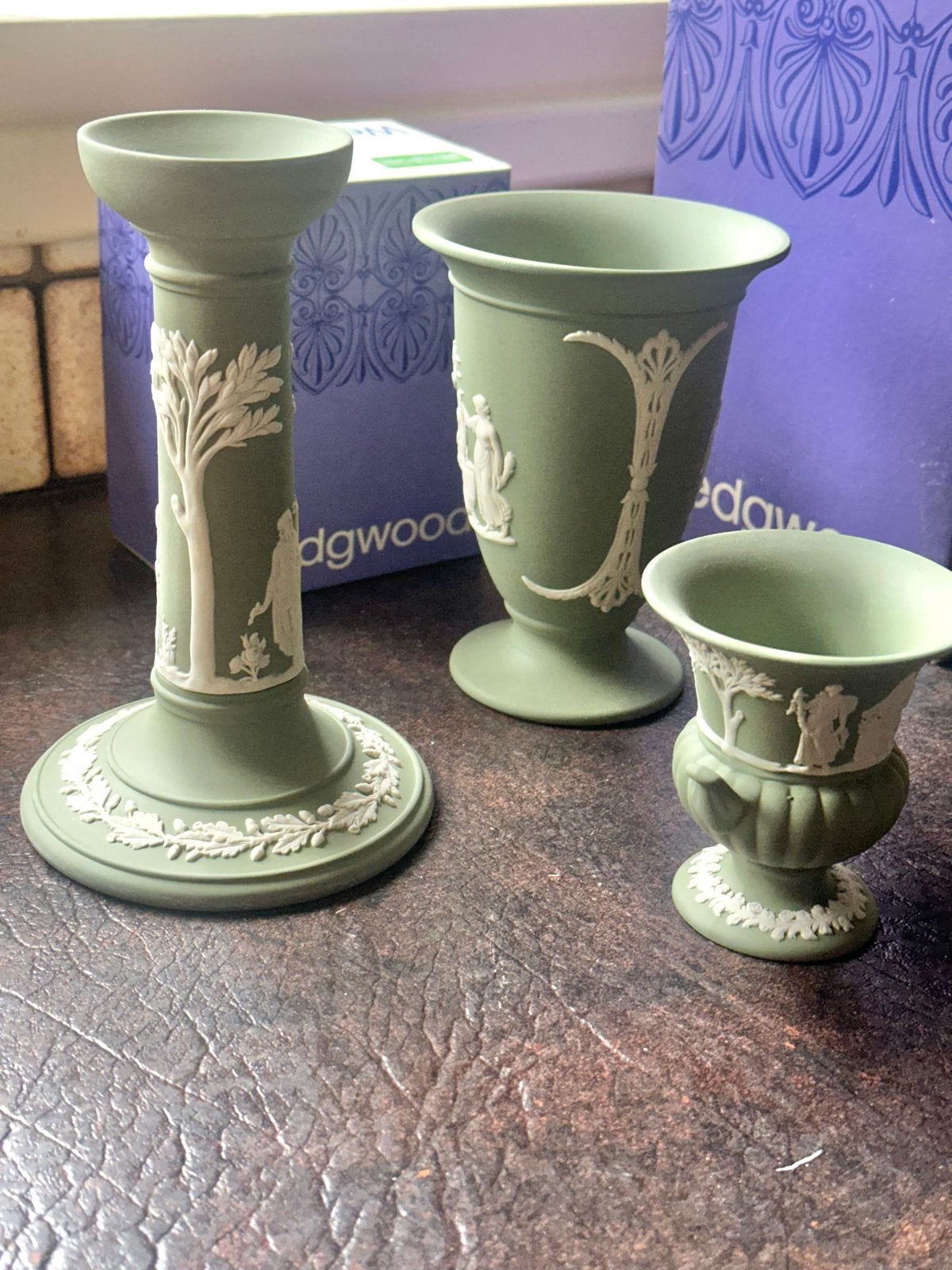 Wedgwood Groen Jasperware Set - Vaas, Beker, Kandelaar, Ophalen of Verzenden