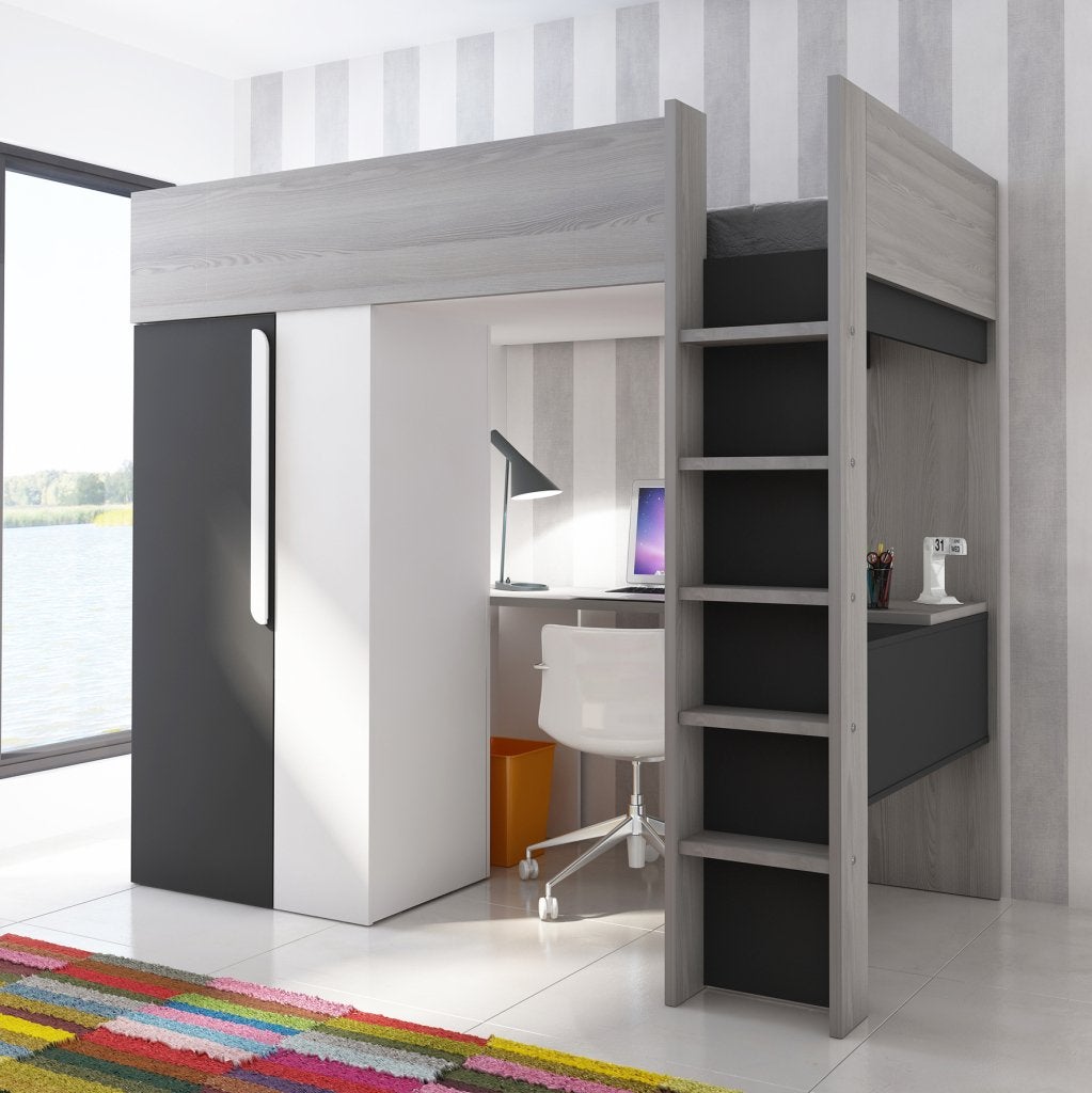 Studio hoogslaper met bureau en kast - 90x200 - Antraciet, Niet ingevuld, Niet ingevuld, Nieuw, Ophalen of Verzenden