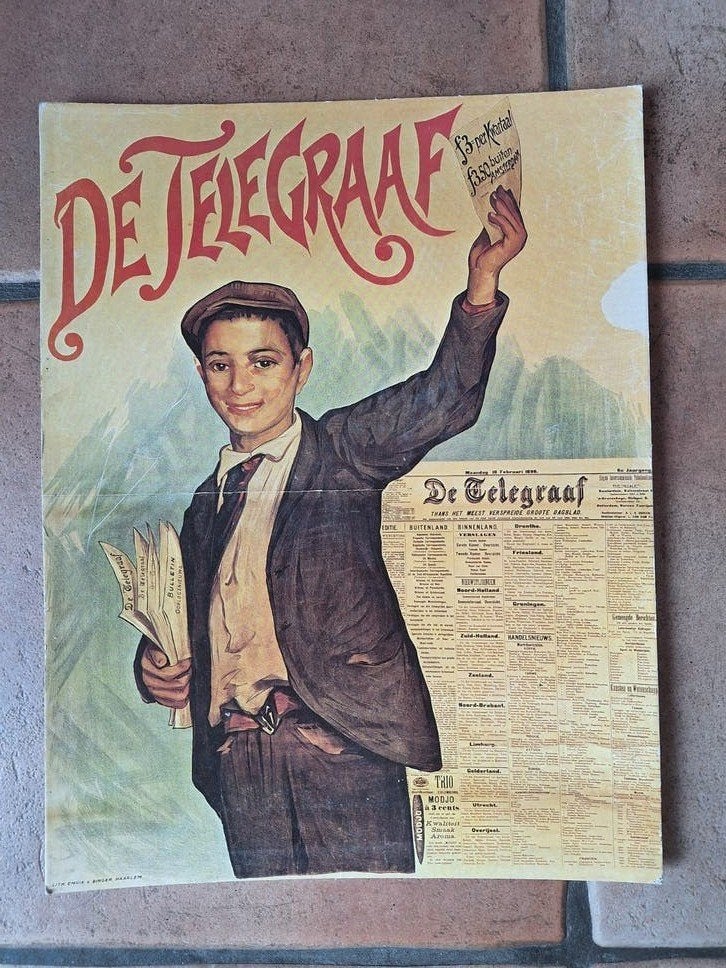 Litho DE TELEGRAAF, Ophalen of Verzenden, Gebruikt, Reclamebord