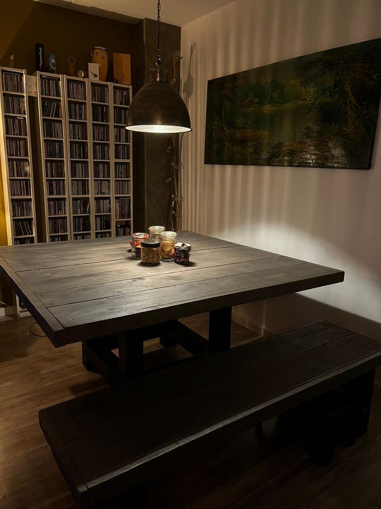 Steigerhoutlook Grijze Eettafel met Eetbank, Huis en Inrichting, Tafels | Eettafels, Gebruikt, 150 tot 200 cm, Vierkant, 200 cm of meer