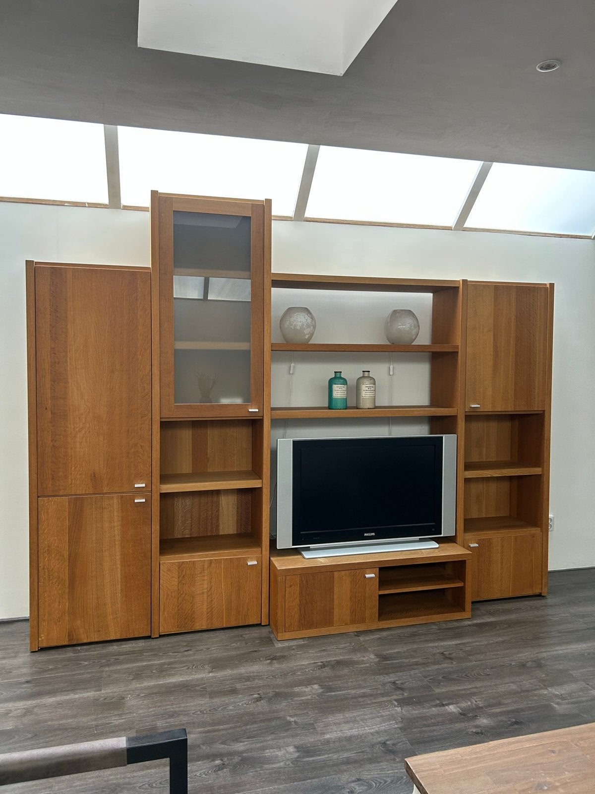 Mooie massief  houten wandkast/tv-meubel, Ophalen, Gebruikt, 200 cm of meer, Eikenhout