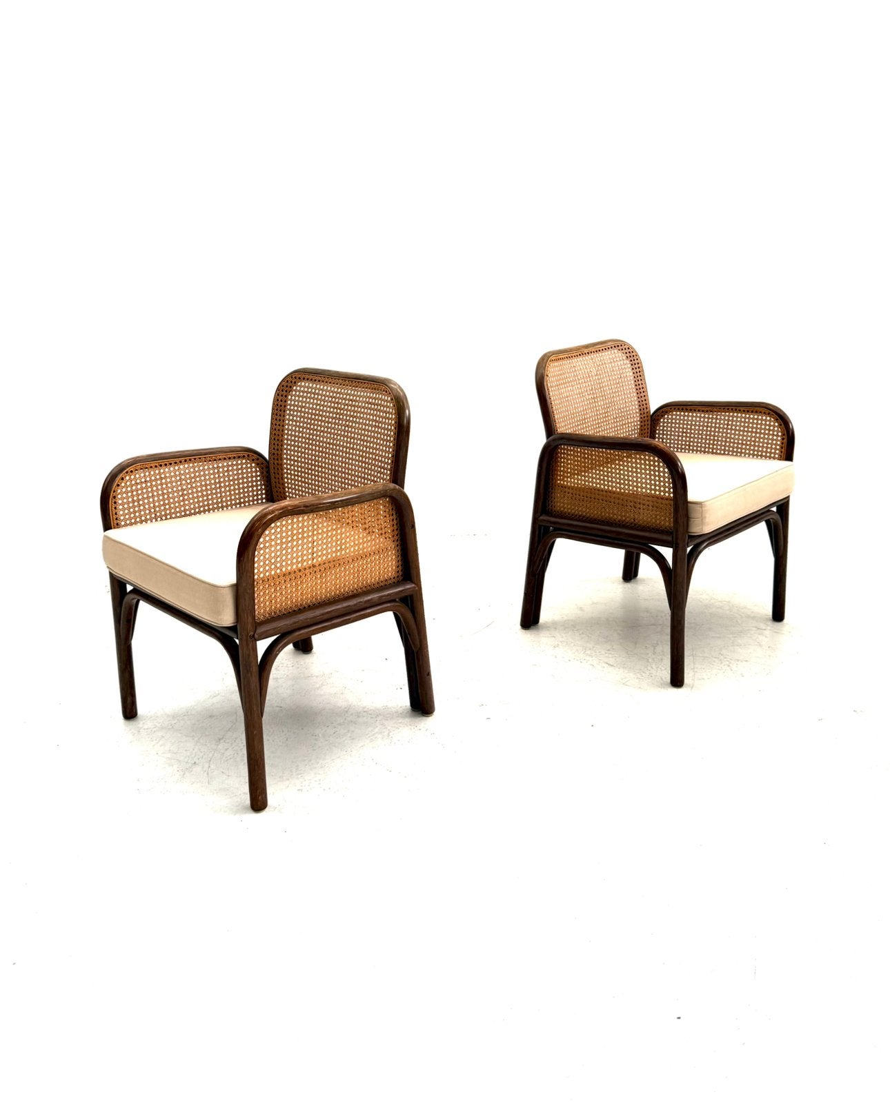 Set van 2 manou & webbing fauteuils, jaren ‘60, Hout, Vintage retro buisframe design rotan webbing papercord deens, Minder dan 75 cm