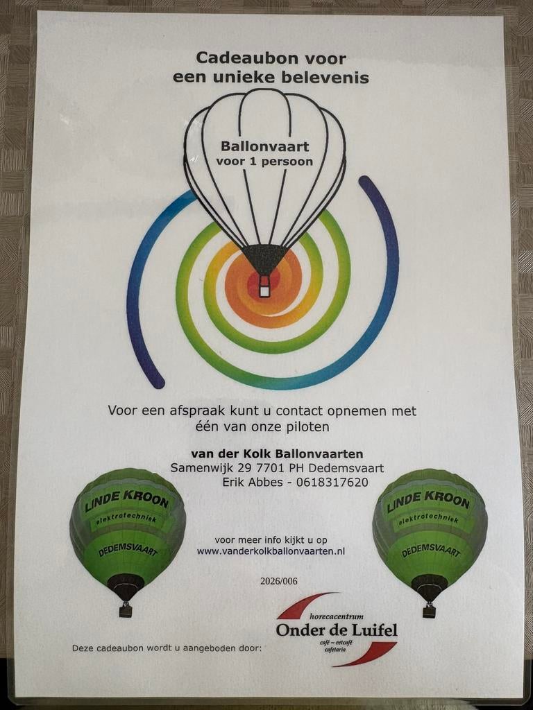 Ballonvaart voor 1 persoon, Ophalen of Verzenden, Zo goed als nieuw, Achtergrond en Informatie