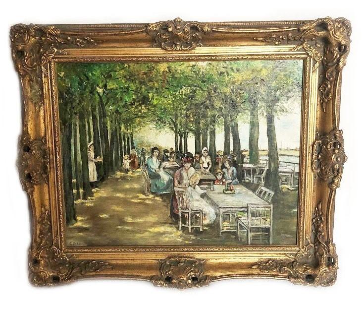 Oude schilderij restaurant buiten olieverf op doek, Ophalen of Verzenden