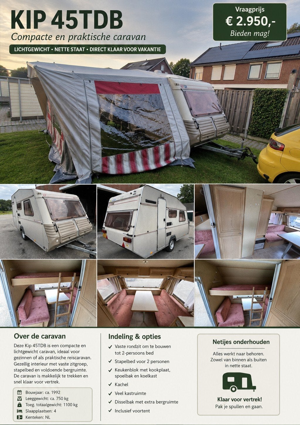 Mooie goed onderhouden caravan, Caravans en Kamperen, Kip, Treinzit, Particulier, Luifel