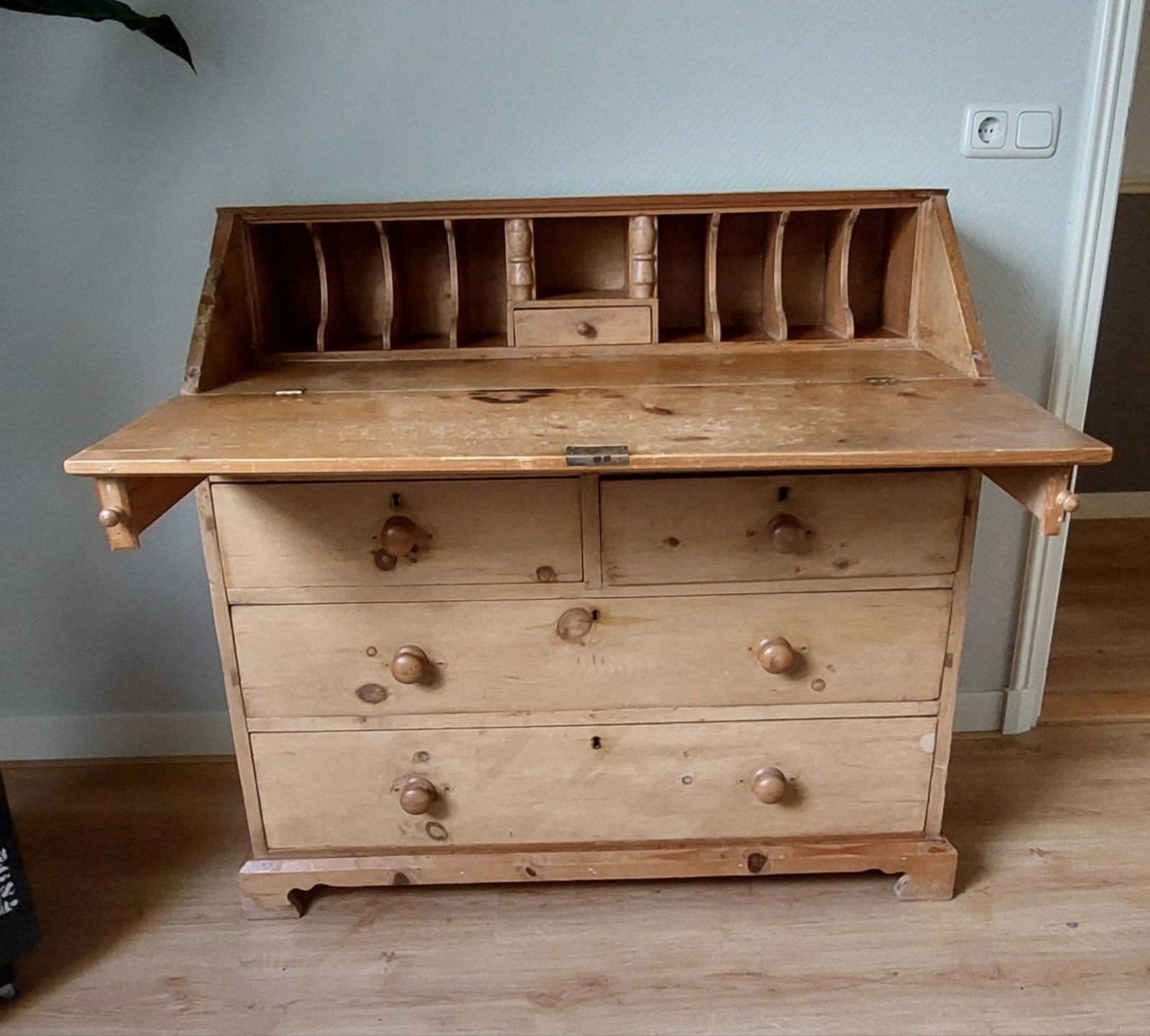 Antiek grenen secretaire met lades, Ophalen of Verzenden
