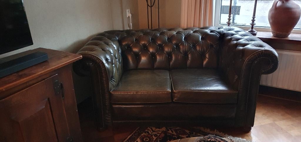 origineel chesterfield bankstel 2 en 3 zits kleur brons, Ophalen, Gebruikt, Chesterfield, Rechte bank