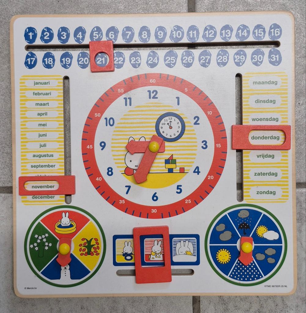 Nijntje Houten Kalender en Klok Leerbord voor Kinderen, Ophalen of Verzenden, Gebruikt, Taal en Lezen