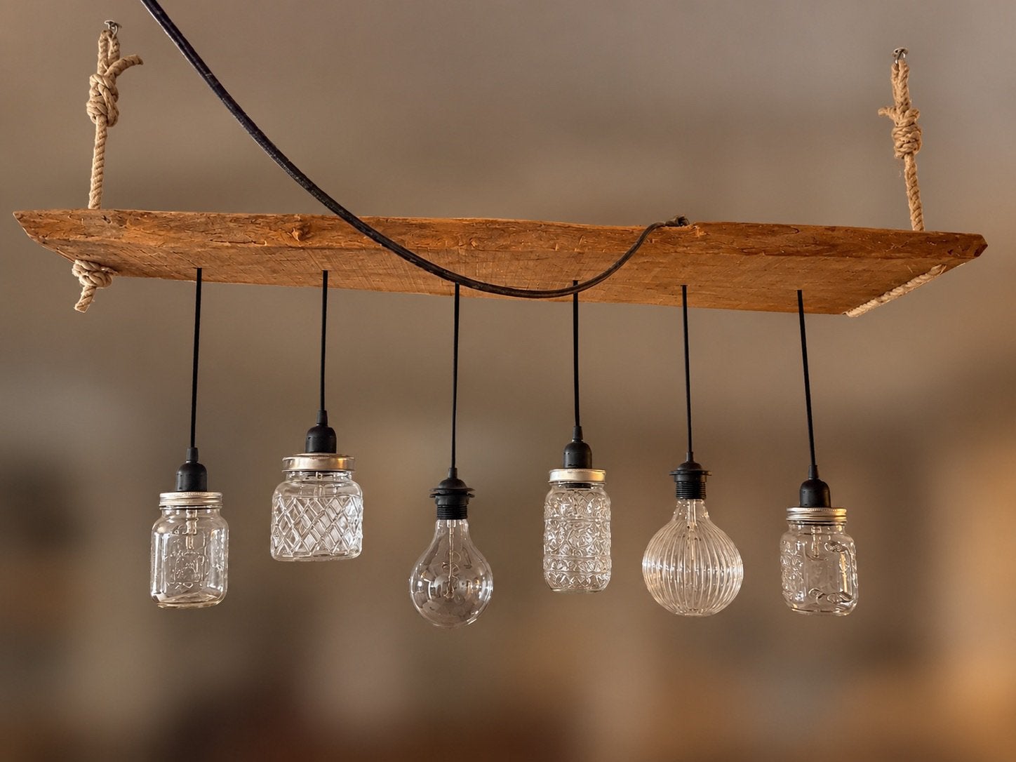Unieke houten hanglamp 6-lichts, Ophalen, Gebruikt, Hout, Landelijke / industriële stijl