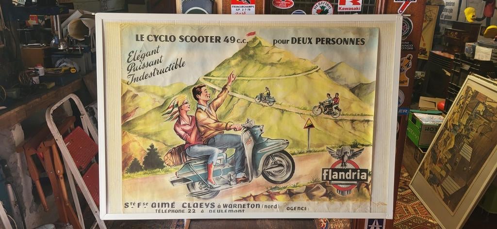 Originele Flandria Bromfiets Affiche Jaren '50-'60 - 80x60cm, Gebruikt, Deurposter of groter, Rechthoekig Liggend, Ophalen of Verzenden