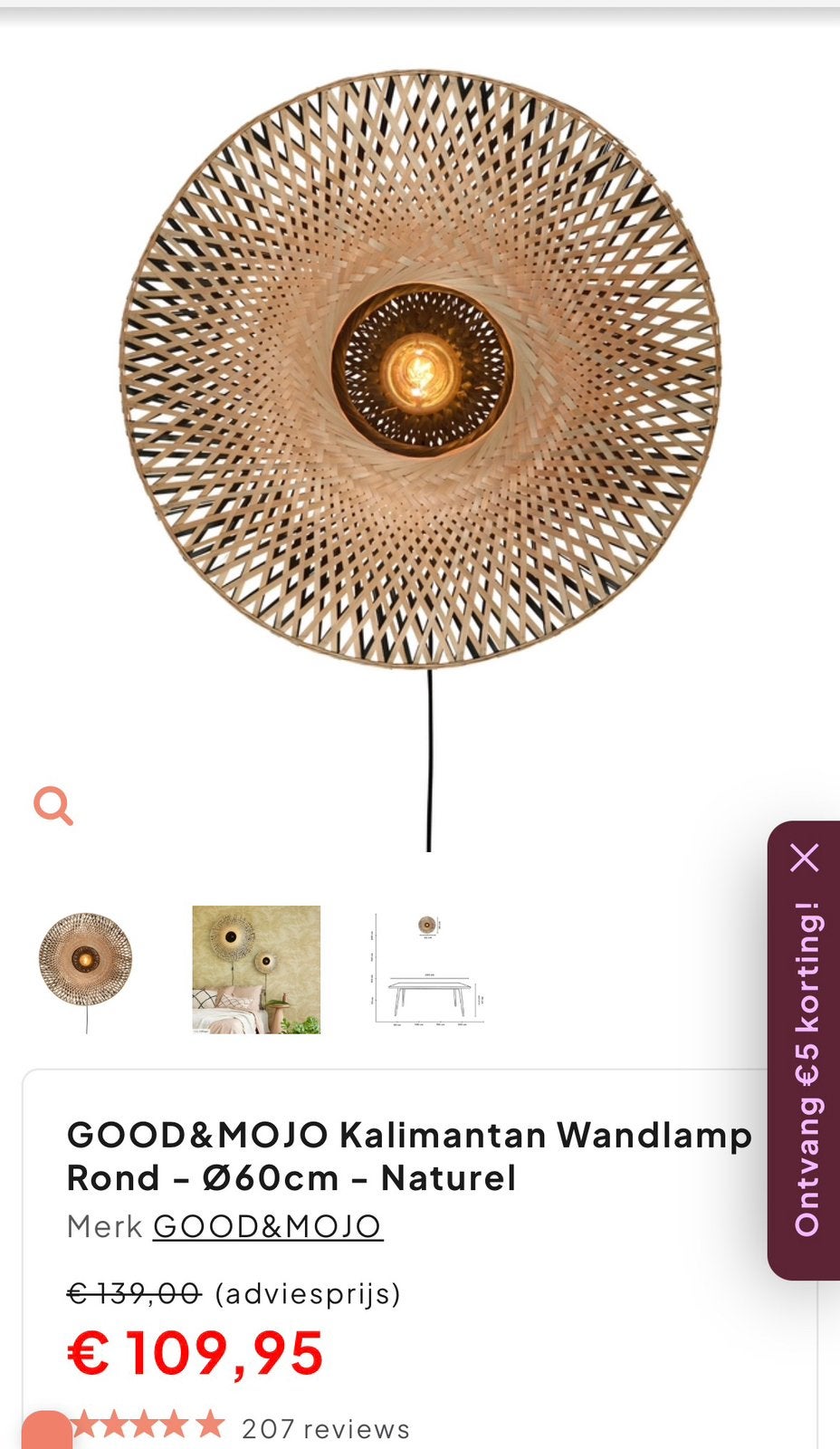 Good & Mojo Wandlamp, Ophalen, Zo goed als nieuw