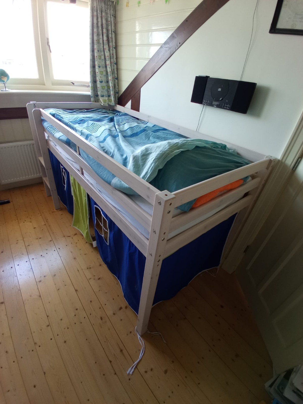 Half hoogslaper met hut, blauw en groen, incl. lattenbodem, Ophalen, Gebruikt, Halfhoogslaper
