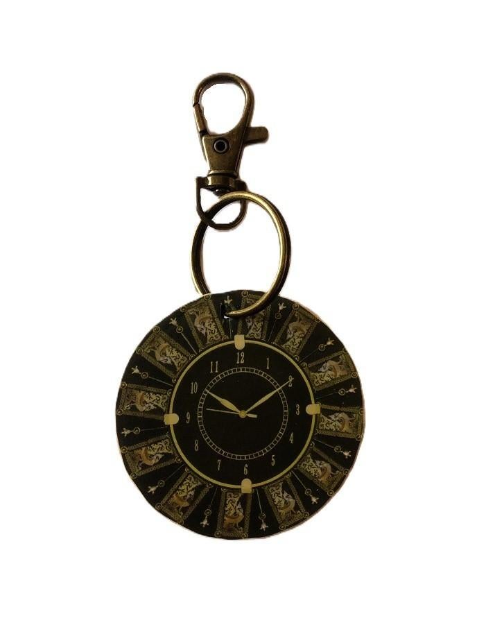 Vintage sleutelhanger klok ronde hout - zwart - metaal brons, Verzenden, Nieuw, Merk