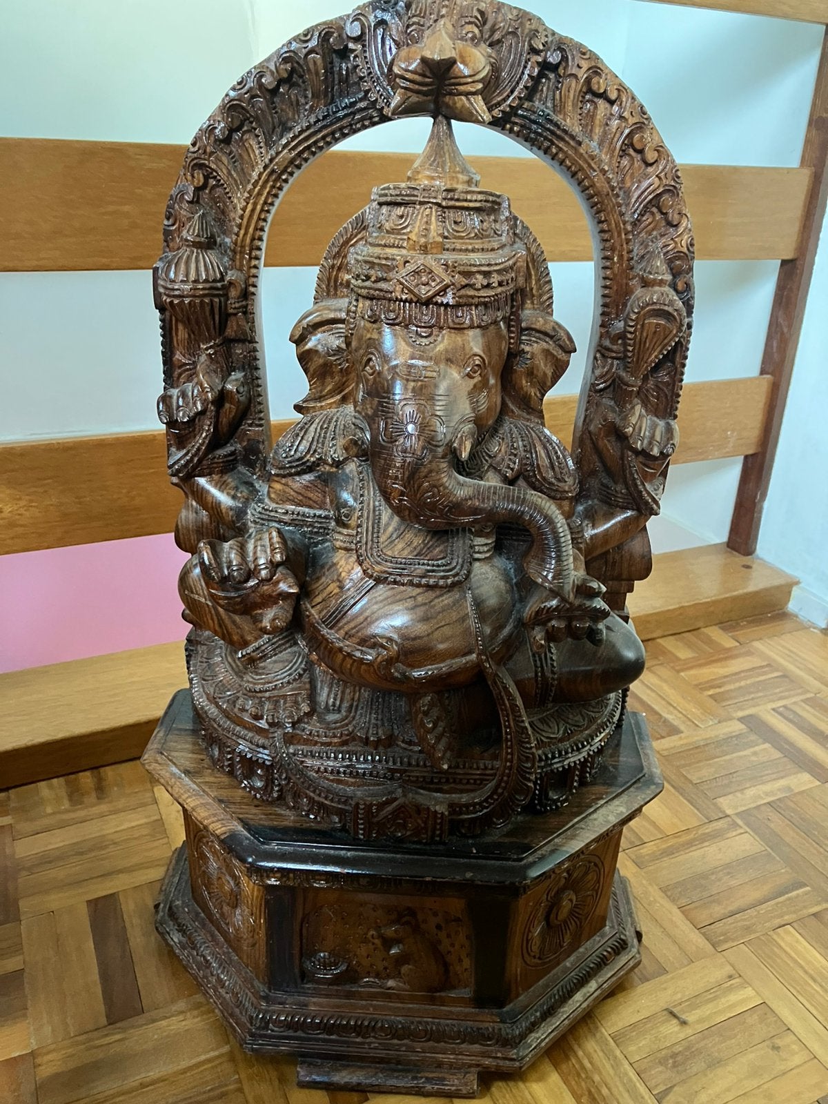 Exclusief Massief Houten Ganesha Beeld Handgesneden Sheesham, Ophalen, Houtsnijwerk, Hout, Bruin