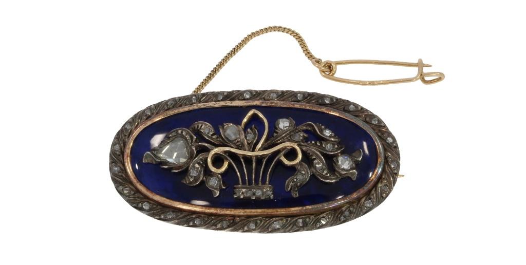 Diamanten fraaie 14k gouden antieke broche blauw glas dames, Verzenden, Goud, Broche, Met edelsteen