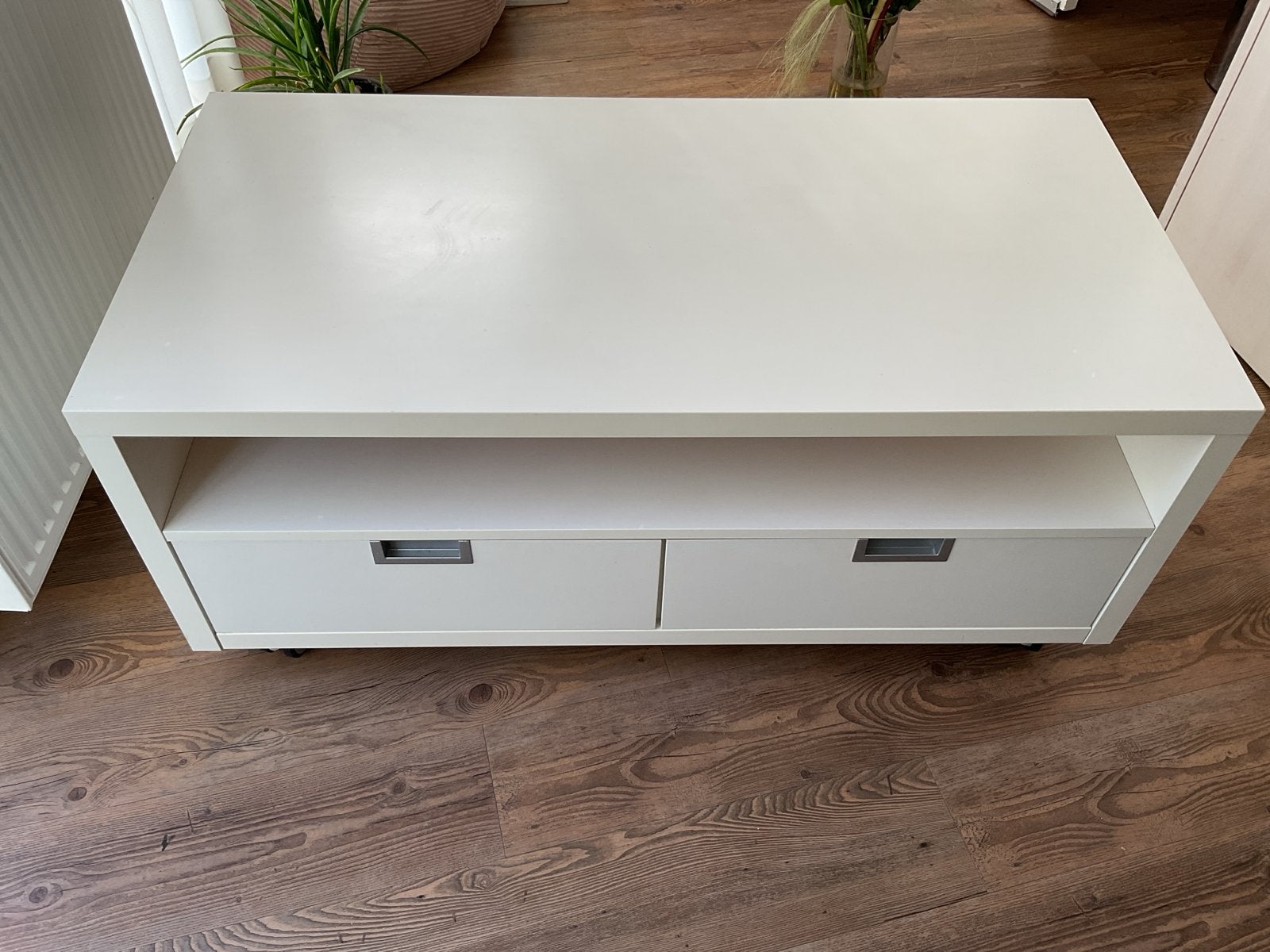 Witte salontafel met lades en wieltjes, Ophalen, Gebruikt, 100 tot 150 cm, Minder dan 100 cm