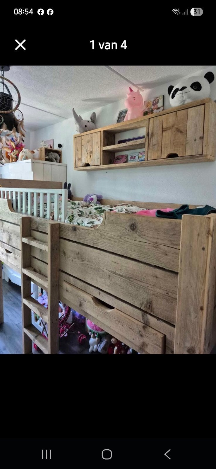 Halfhoogslaper van steigerhout met kast en bureau, Ophalen