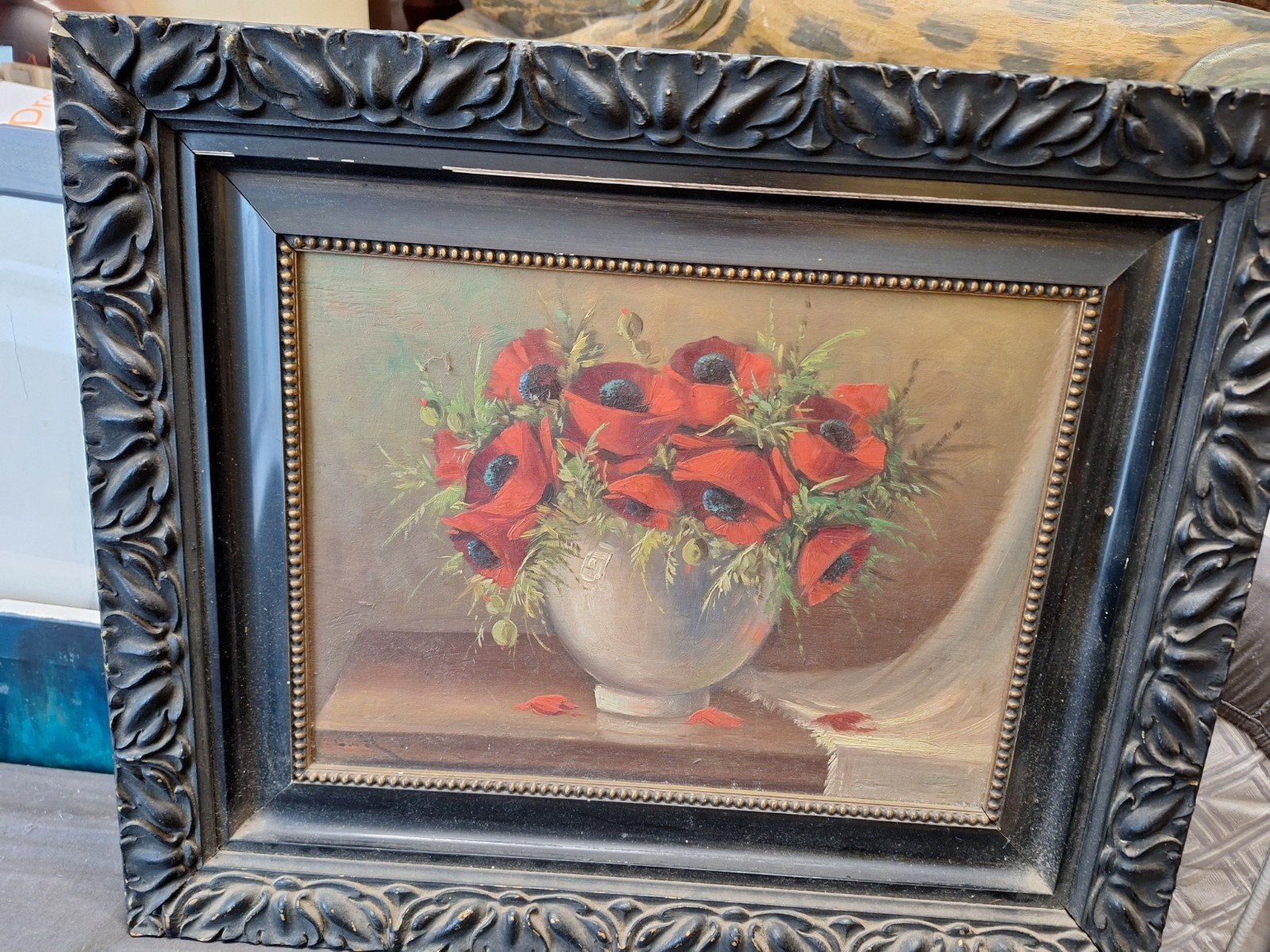 Schilderij klaprozen in vaas op paneel, Bloemen, Paneel, Ophalen of Verzenden, Gesigneerd