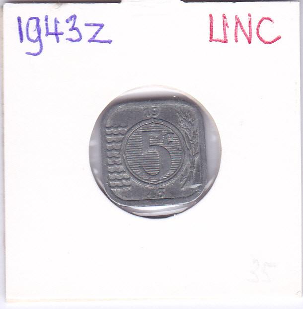 Mooie 5 cent 1943 zink van 35 voor 23 euro, Ophalen of Verzenden, Koningin Wilhelmina, 5 cent, Losse munt