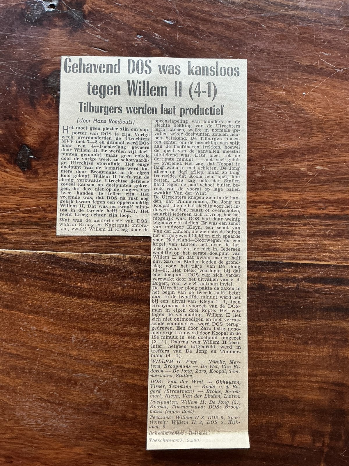 Voetbal krantenartikel Willem II DOS november 1959, Verzamelen, Tijdschriften, Kranten en Knipsels, Ophalen of Verzenden, 1940 tot 1960