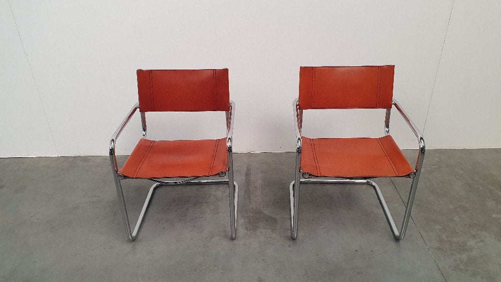 Fasem italy 70s vintage stoelen cognac tuigleer, mart stam, Huis en Inrichting, Gebruikt, Twee, Bruin, .