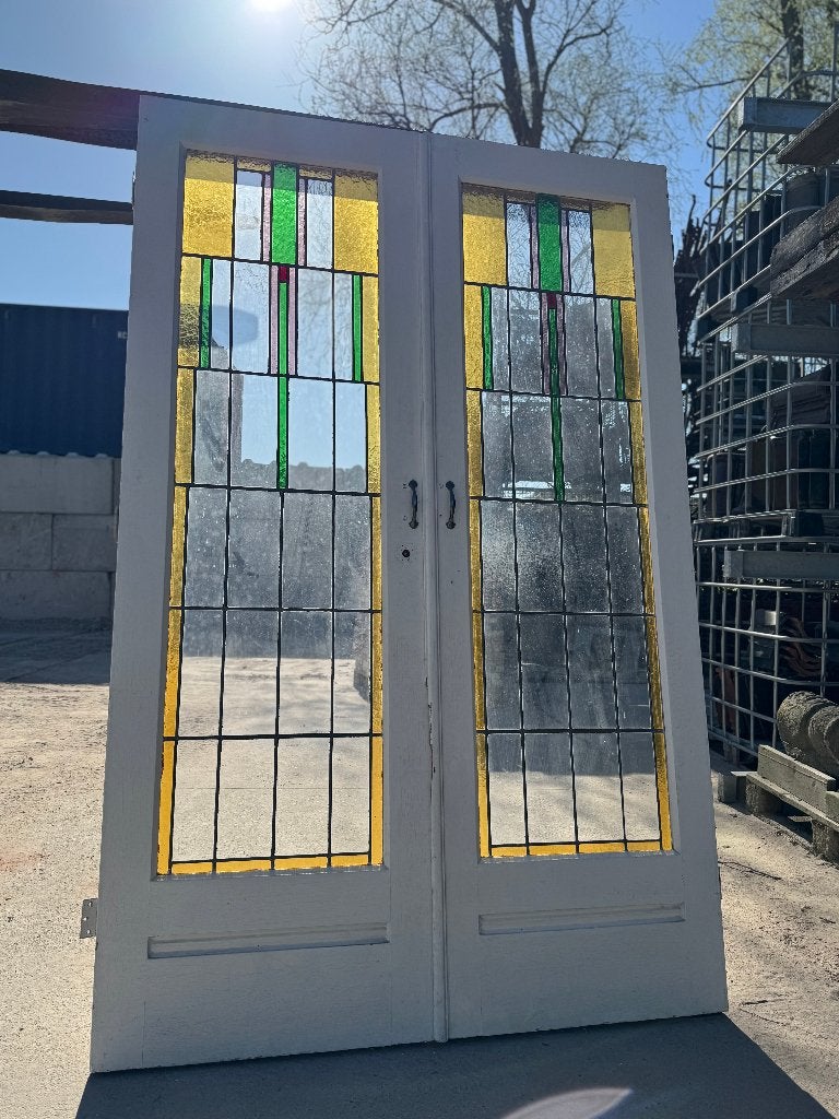 2 Sets antieke glas in lood deuren openslaand 211x135cm., Ophalen