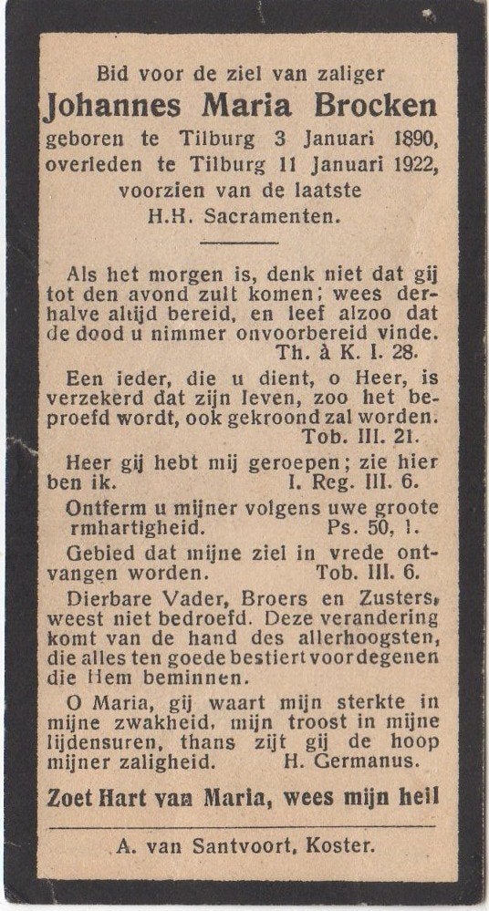 Johannes M. Brocken 1890 Tilburg + 1922 Tilburg, 32 jaar oud, Ophalen of Verzenden
