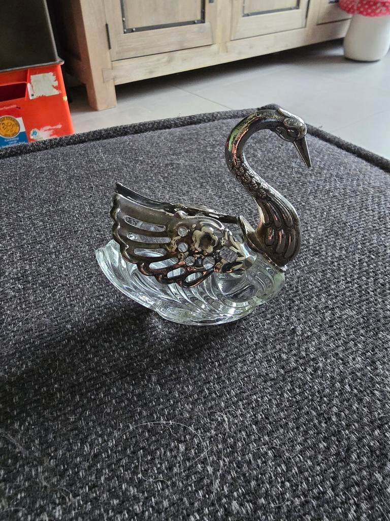 Vintage Zilver en Glas Zwaan Suikerklontjeshouder, Antiek en Kunst, Antiek | Goud en Zilver, Ophalen of Verzenden, Zilver