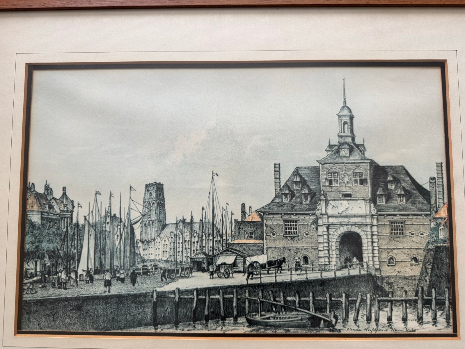 Prent 'De Oude Hoofdpoort' in Rotterdam ingelijst, 28x45cm, Antiek en Kunst, Kunst | Etsen en Gravures, Ophalen, Ingelijst, 1900 - 1949