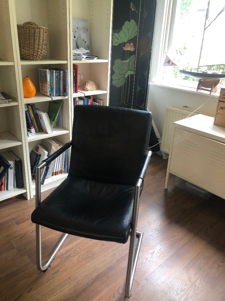 Zes zwarte leren eettafel stoelen, Huis en Inrichting, Stoelen, Ophalen, Gebruikt, Zwart, Leer