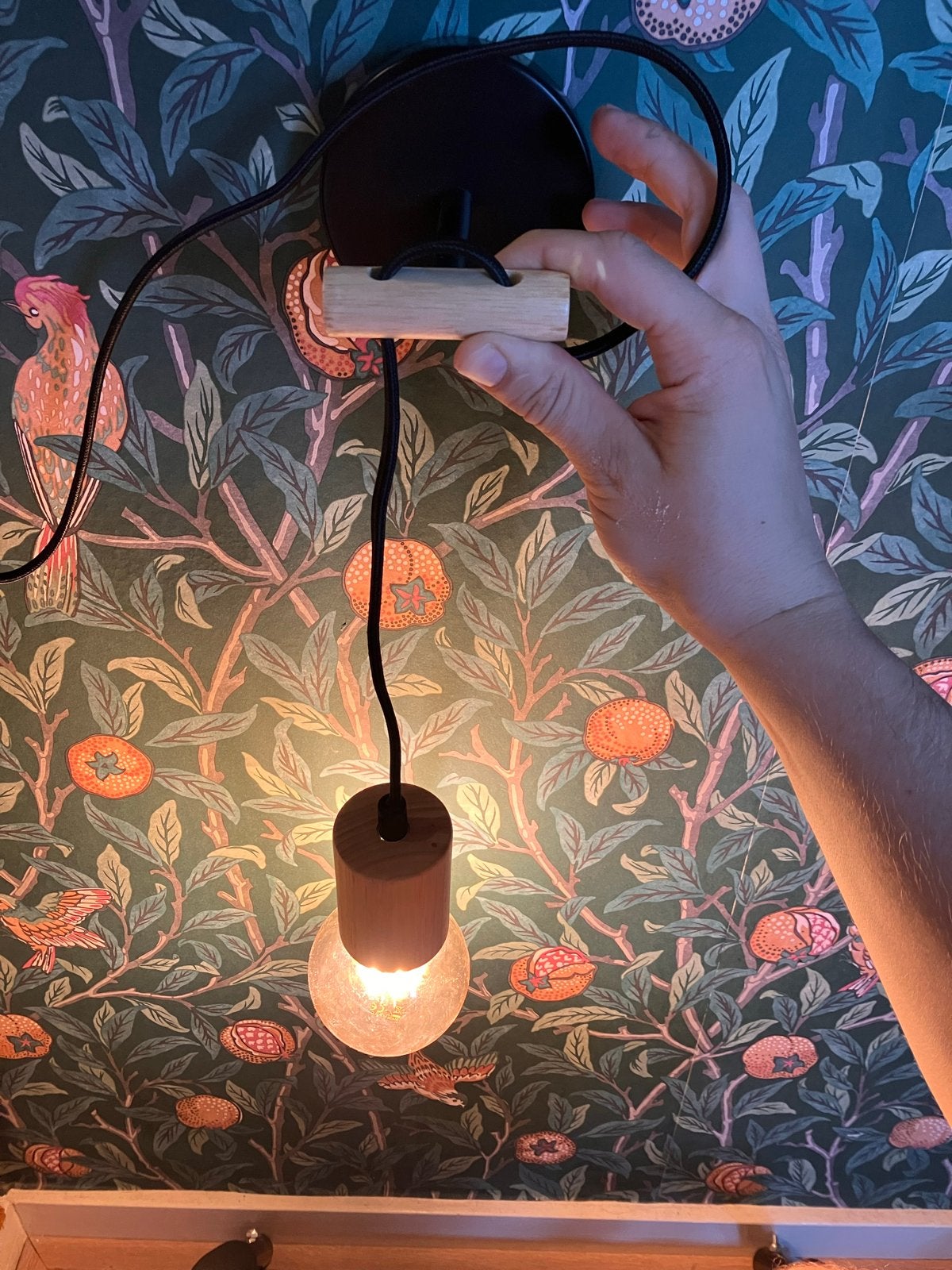 Moderne hanglamp met houten fitting en plafondkap, Huis en Inrichting, Ophalen of Verzenden, Zo goed als nieuw, Hout, E27 (groot)