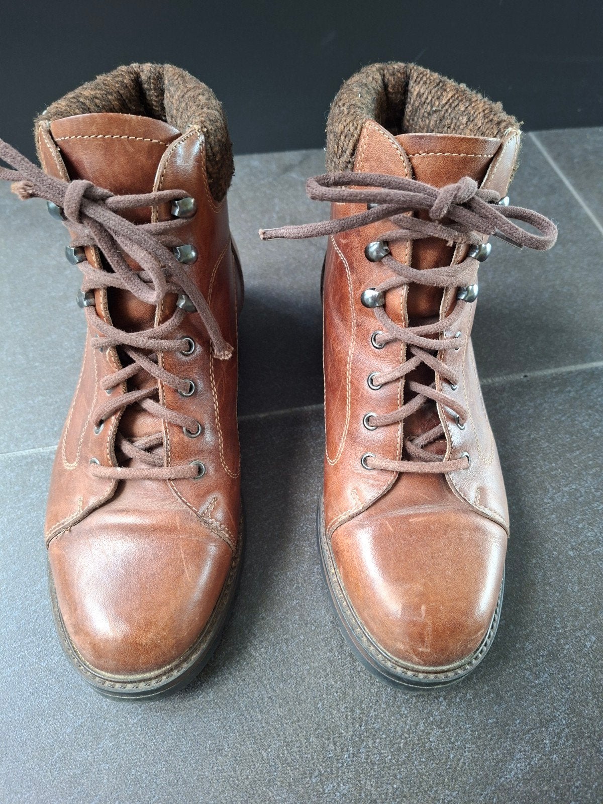 Bruine leren veterlaarsjes met gebreide rand, Bruin, Gedragen, Wandelschoenen, Ophalen of Verzenden