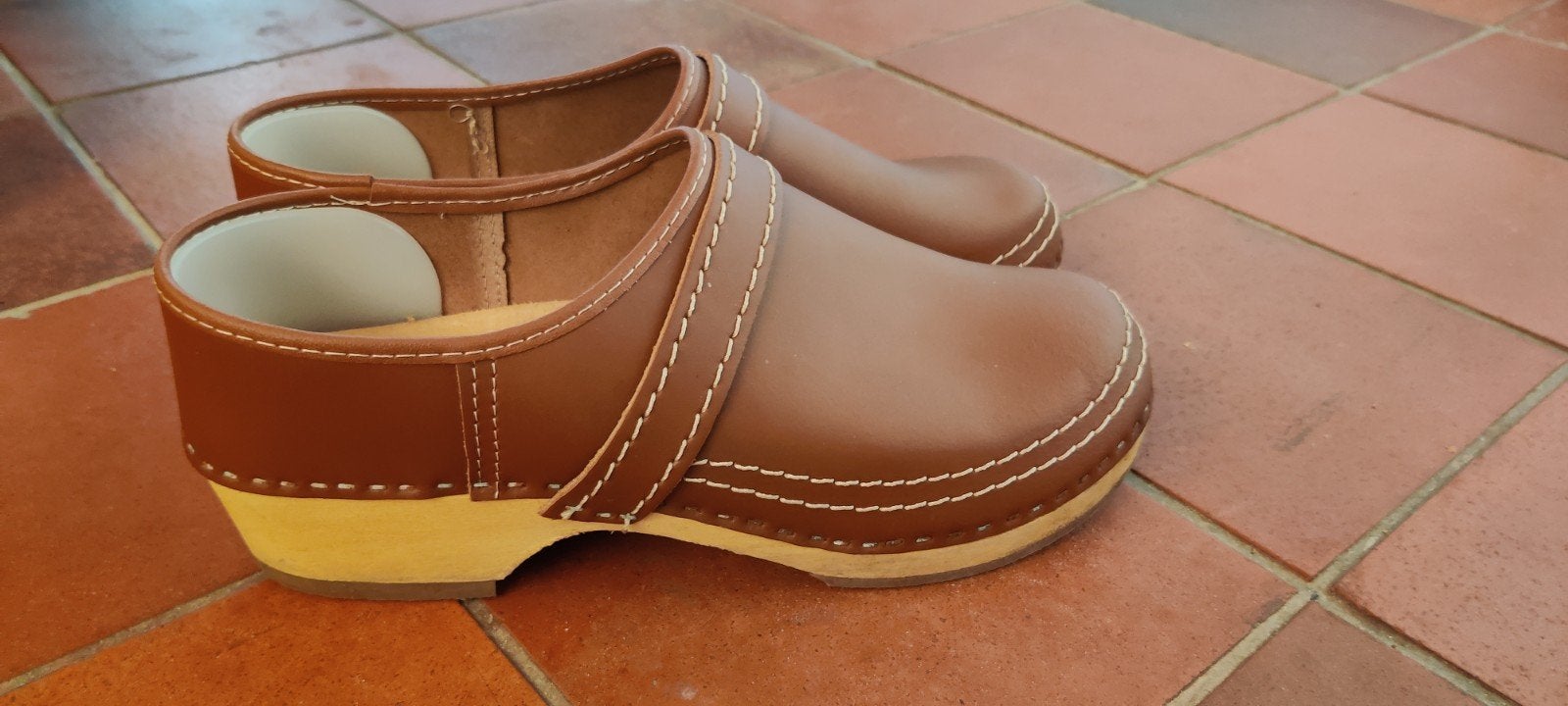 Heren klompen schoenen maat 46 Simson leer Cognac bruin hout, Ophalen of Verzenden, Zo goed als nieuw, Simson, Bruin