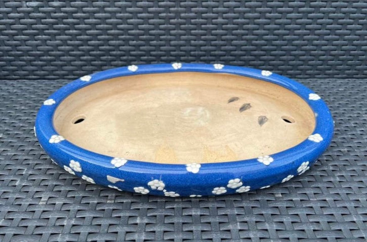 Bonsai schaal blauw geglazuurd witte bloemen 37,2x26,3x4,8, Tuin en Terras, Bloempotten, Ophalen of Verzenden, Zo goed als nieuw