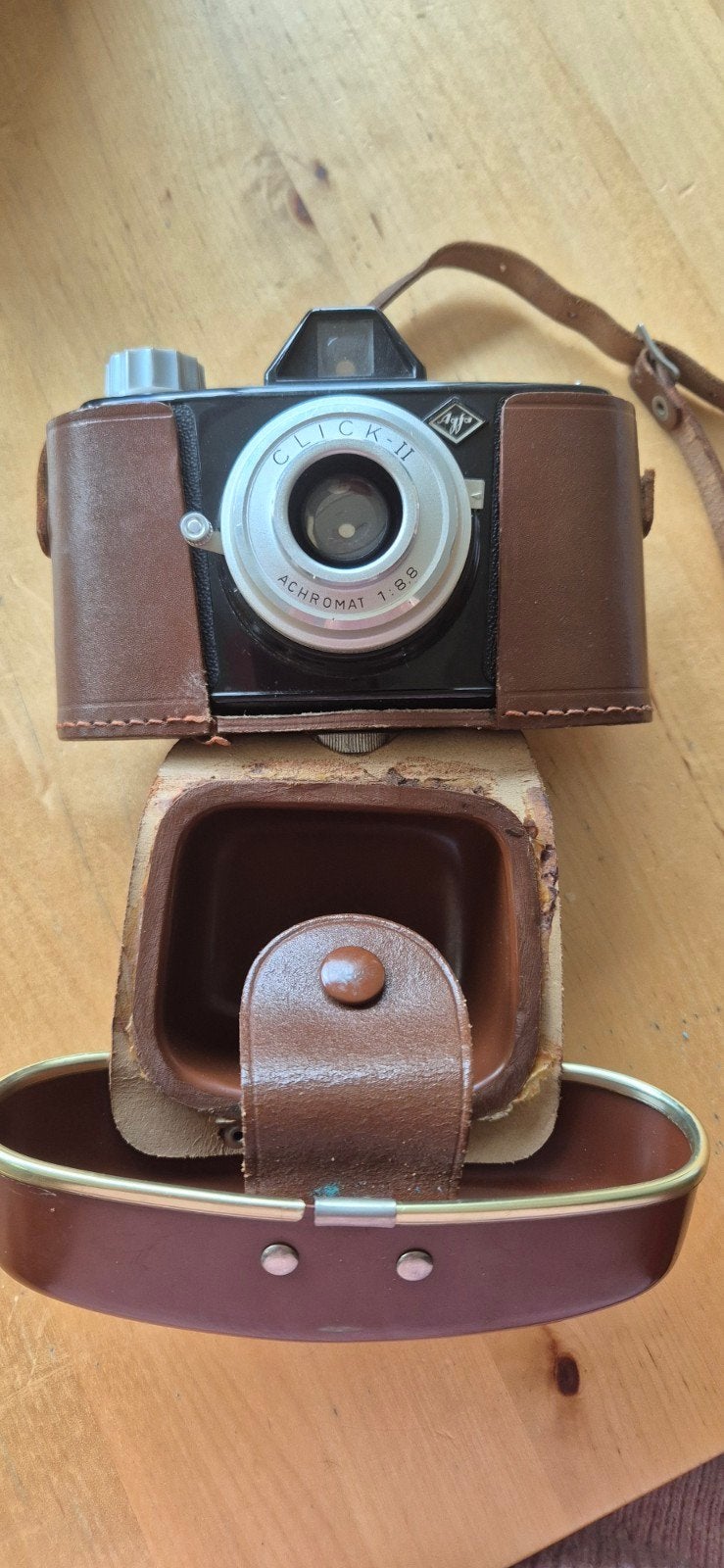 Vintage Agfa Click-II fotocamera in lederen koffer, Ophalen of Verzenden, Gebruikt, Compact, Overige Merken