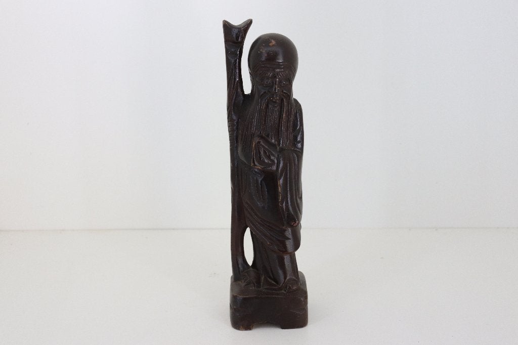 Vintage Chinees Houten Beeld Shou Lao – Handgesneden – 32 cm, Houtsnijwerk, Ophalen of Verzenden, 20 - 50 cm, Hout
