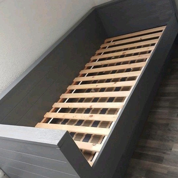 Woood bed bank Dennis grene staalgrijs +ladenkast, 90 cm, Eenpersoons, Ophalen of Verzenden, Grijs