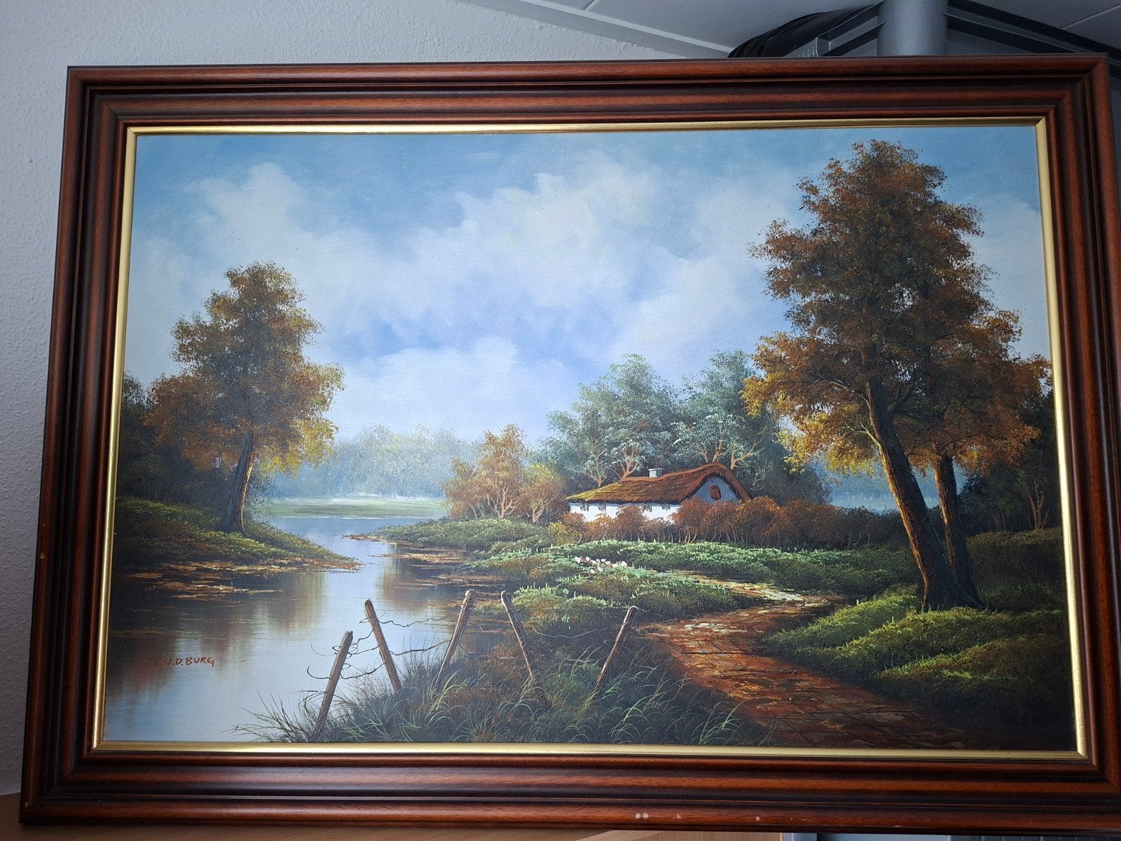Schilderij F. v.d. Burg - Landschap met boerderij, Ophalen, Doek, Realistisch, Origineel werk