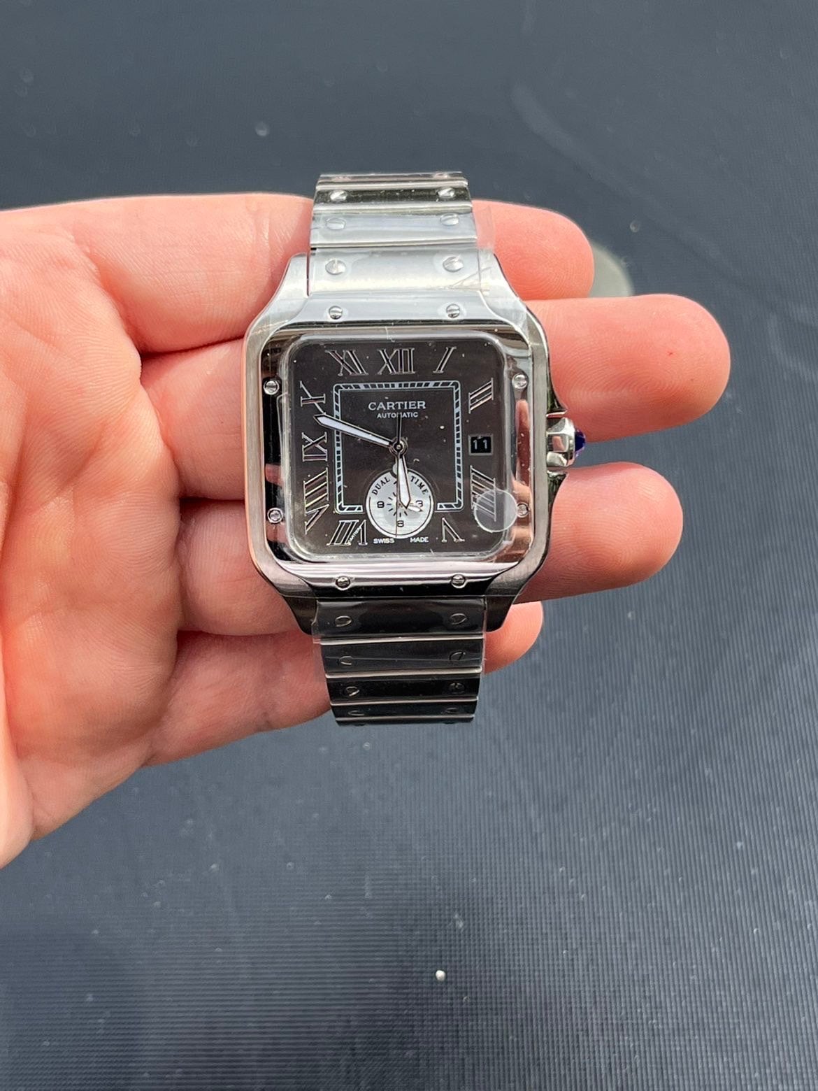 Cartier Santos Large – Zwart Dual Time, Overige merken, Staal, Met bandje, 1960 of later